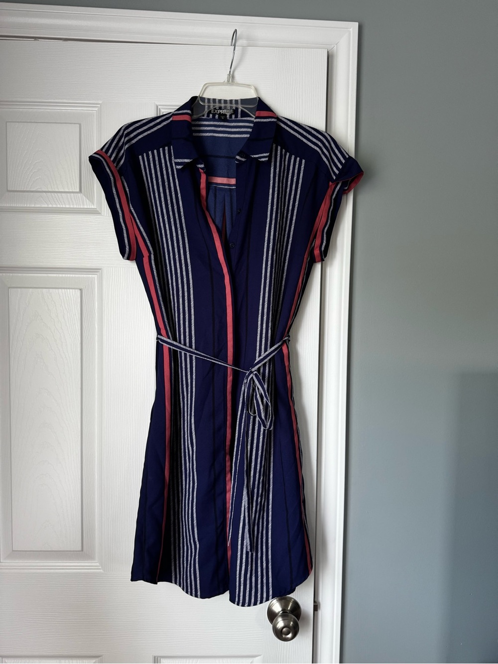 Express Striped Navy & Pink Belted Shirt Mini Dress